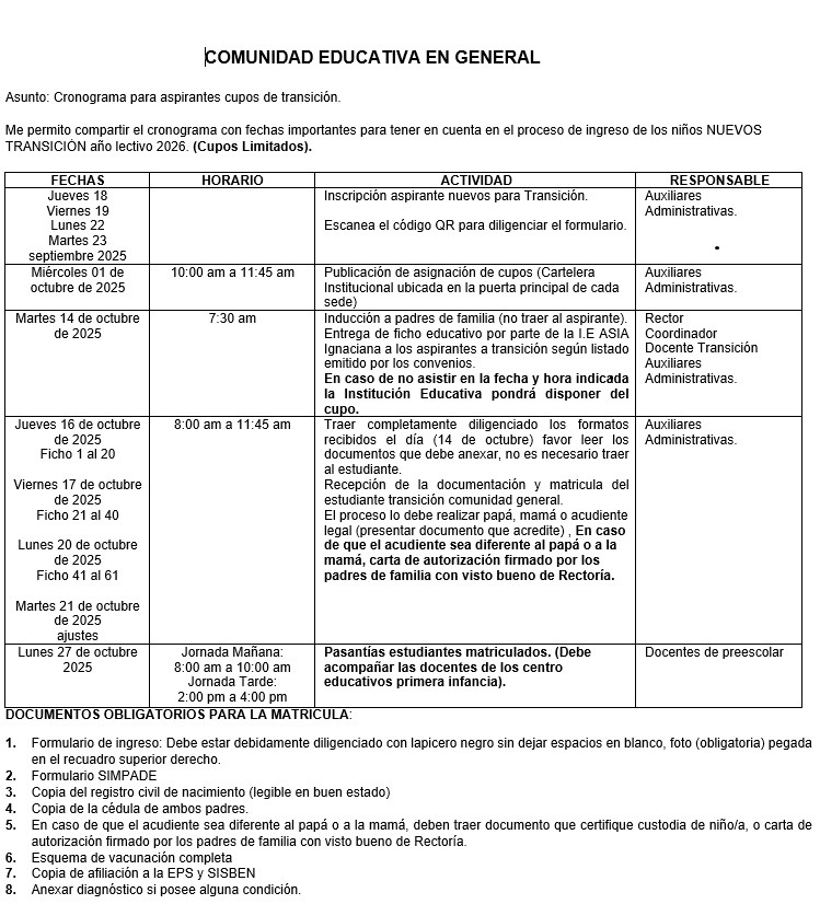 Cronograma Aspirantes nuevos Transición año 2026